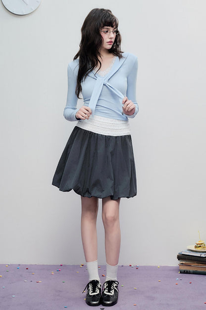 Korean Lace Trim Tie Neck Sweater