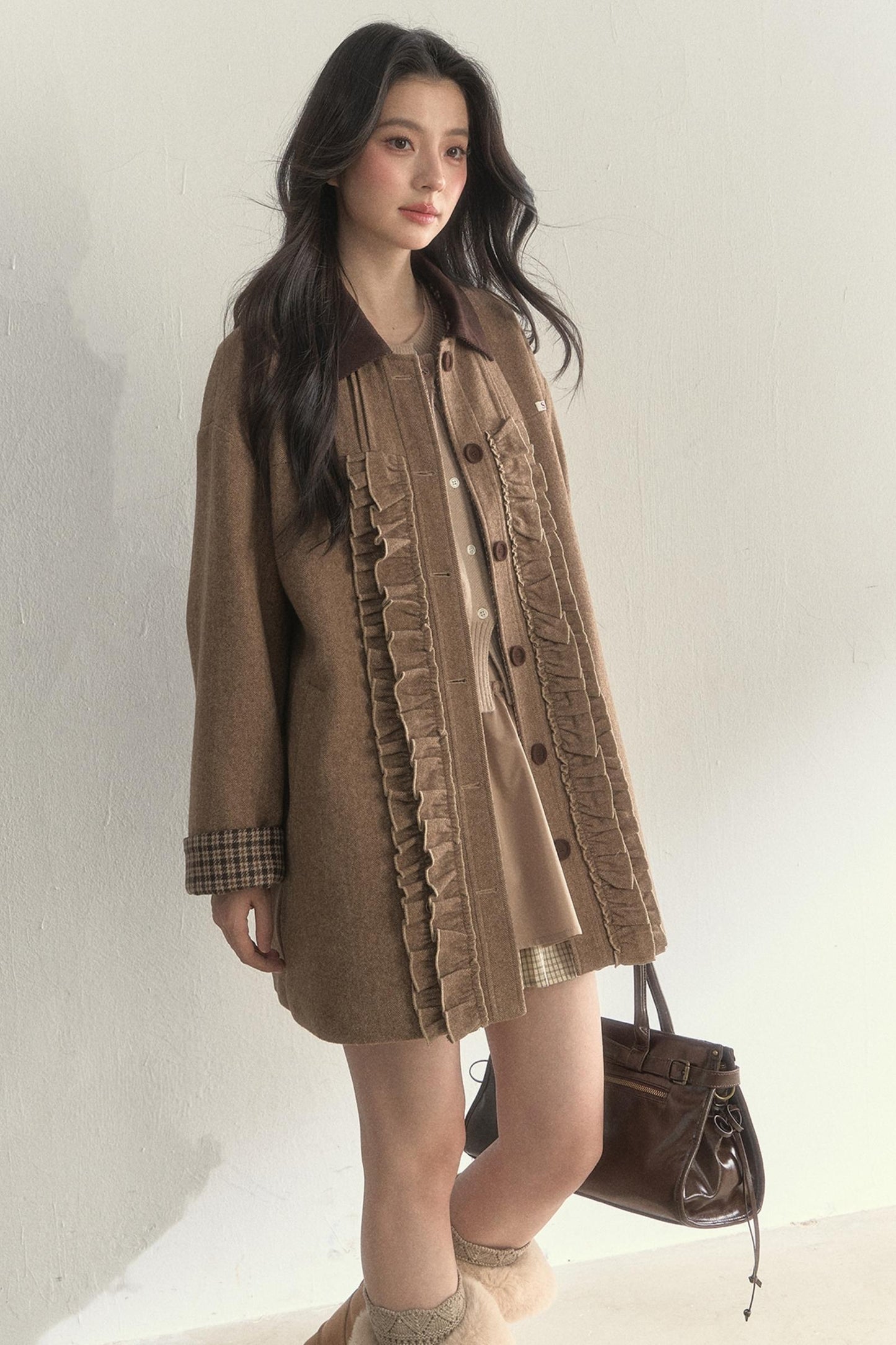 Vintage Khaki Houndstooth Wool Coat