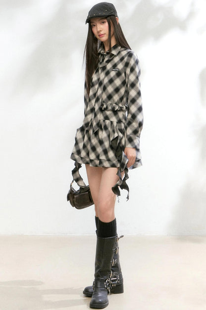 Plaid Diagonal Cut Long-Sleeved Shirt Dress