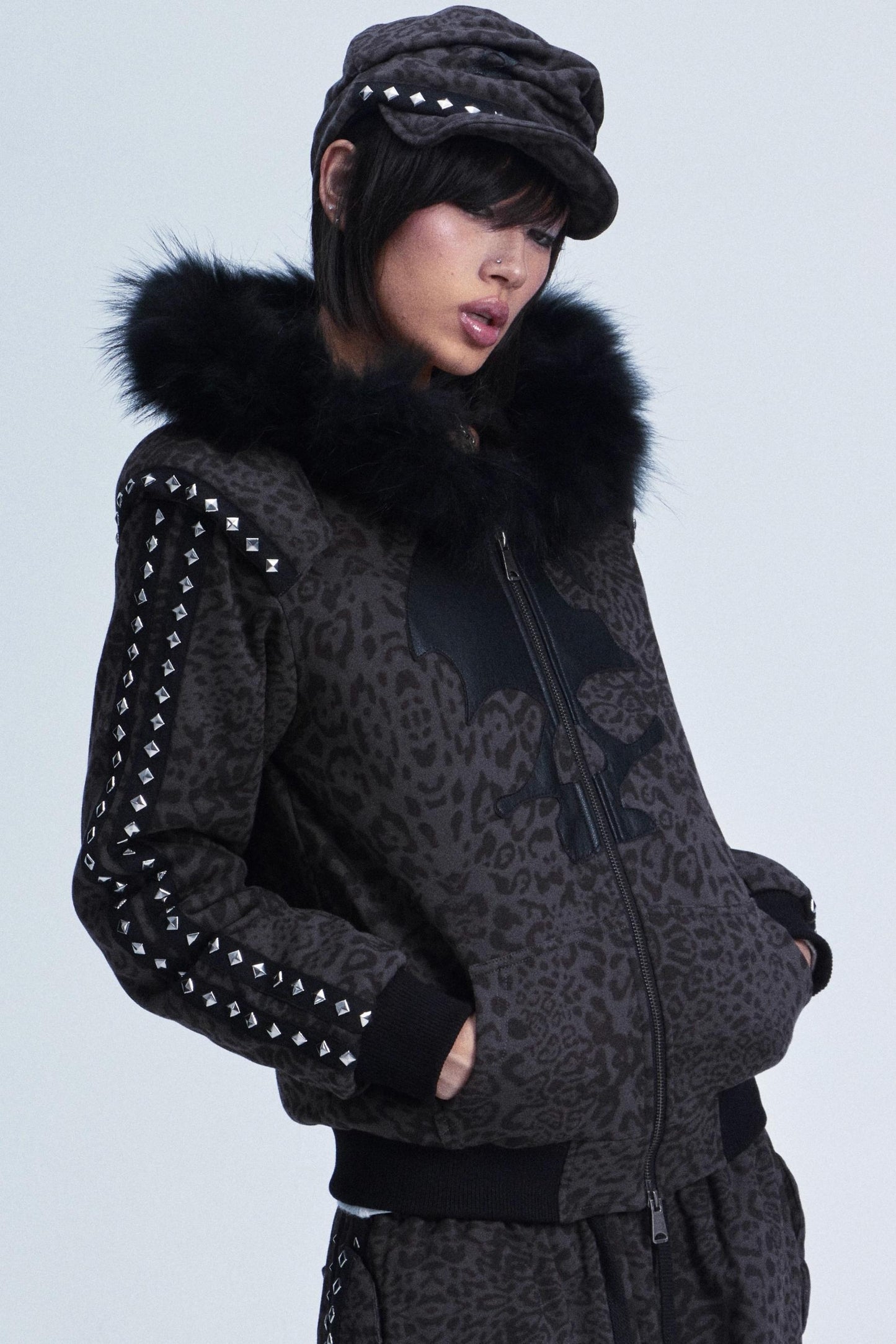 Leopard Print Plush Hooded Jacket Set-Up