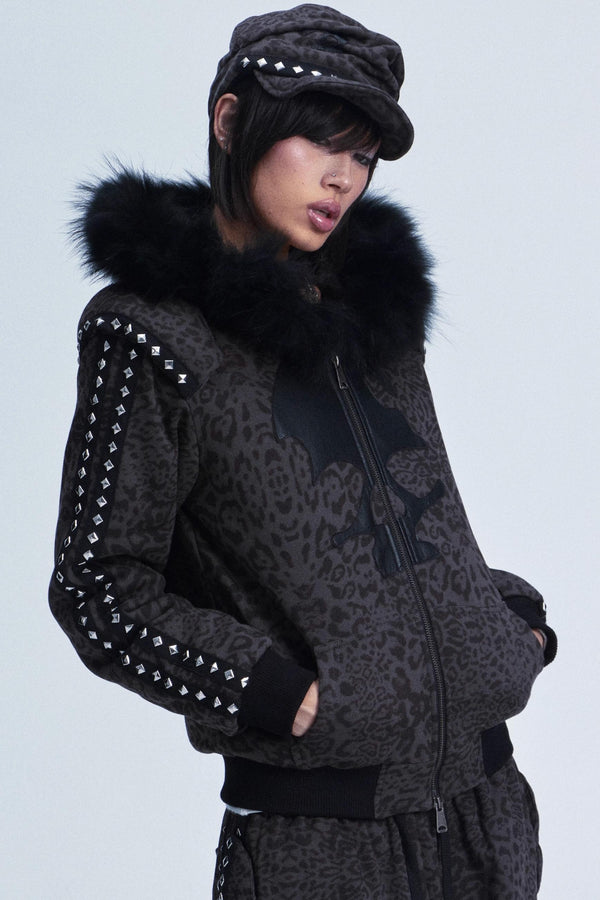 Leopard Print Plush Hooded Jacket Set-Up