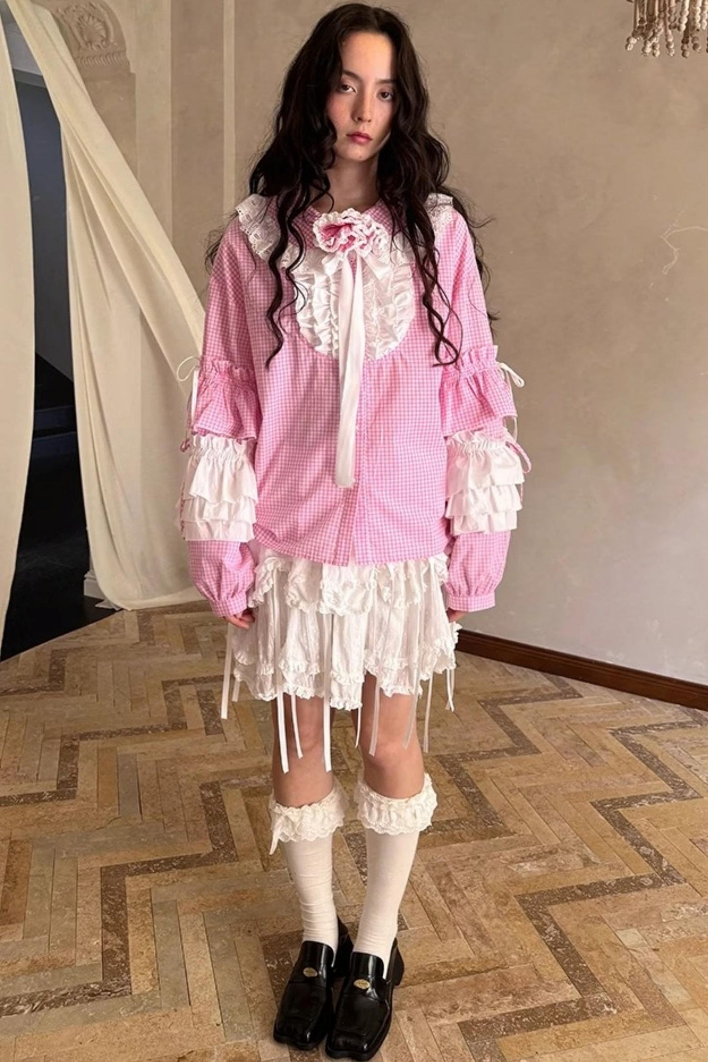 Pink-White Plaid Lace Shirt