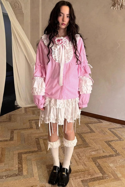 Pink-White Plaid Lace Shirt