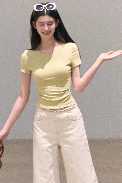 Contrast Embroidered Ruched Top