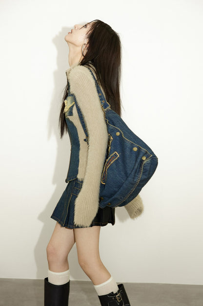 Stand collar denim patch knit jacket