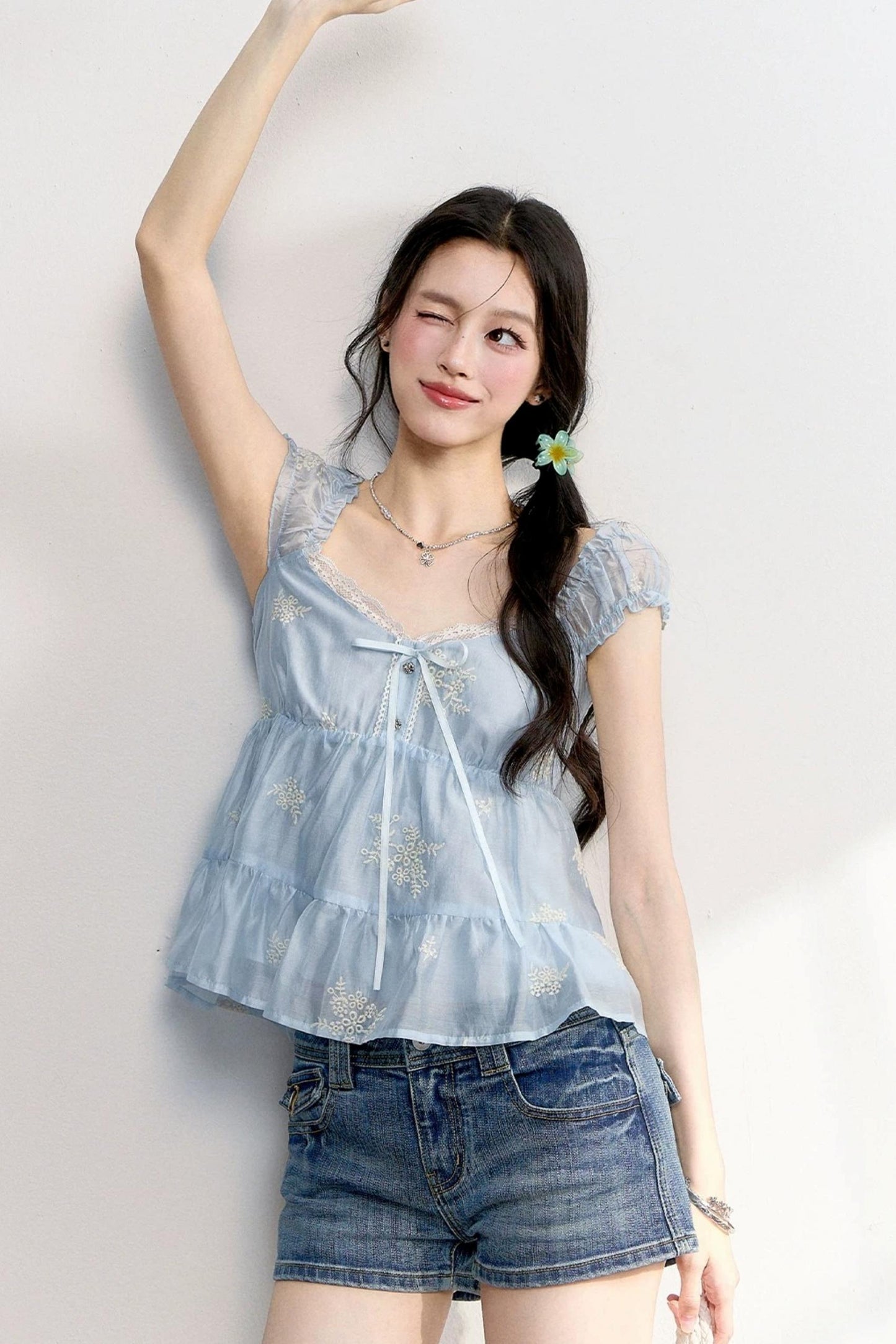 French Lace Puff Sleeve Blouse