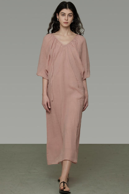 Lantern Sleeve Linen Dress