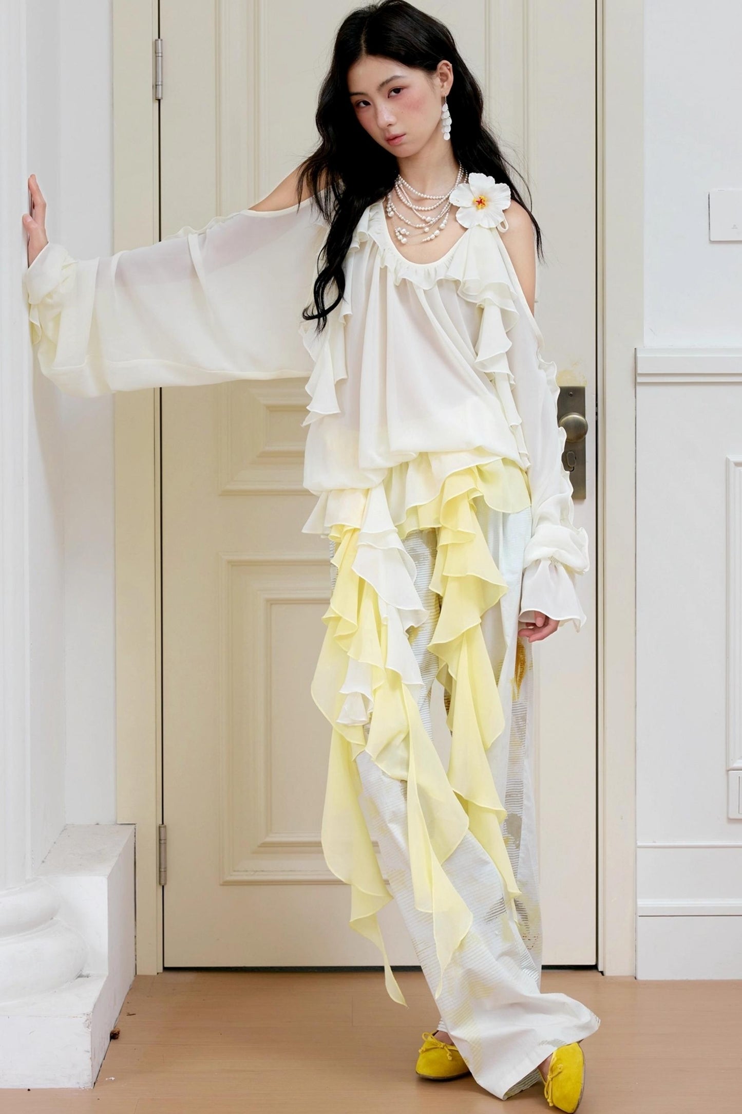 Botanical Ruffle Chiffon Wide-Leg Trousers