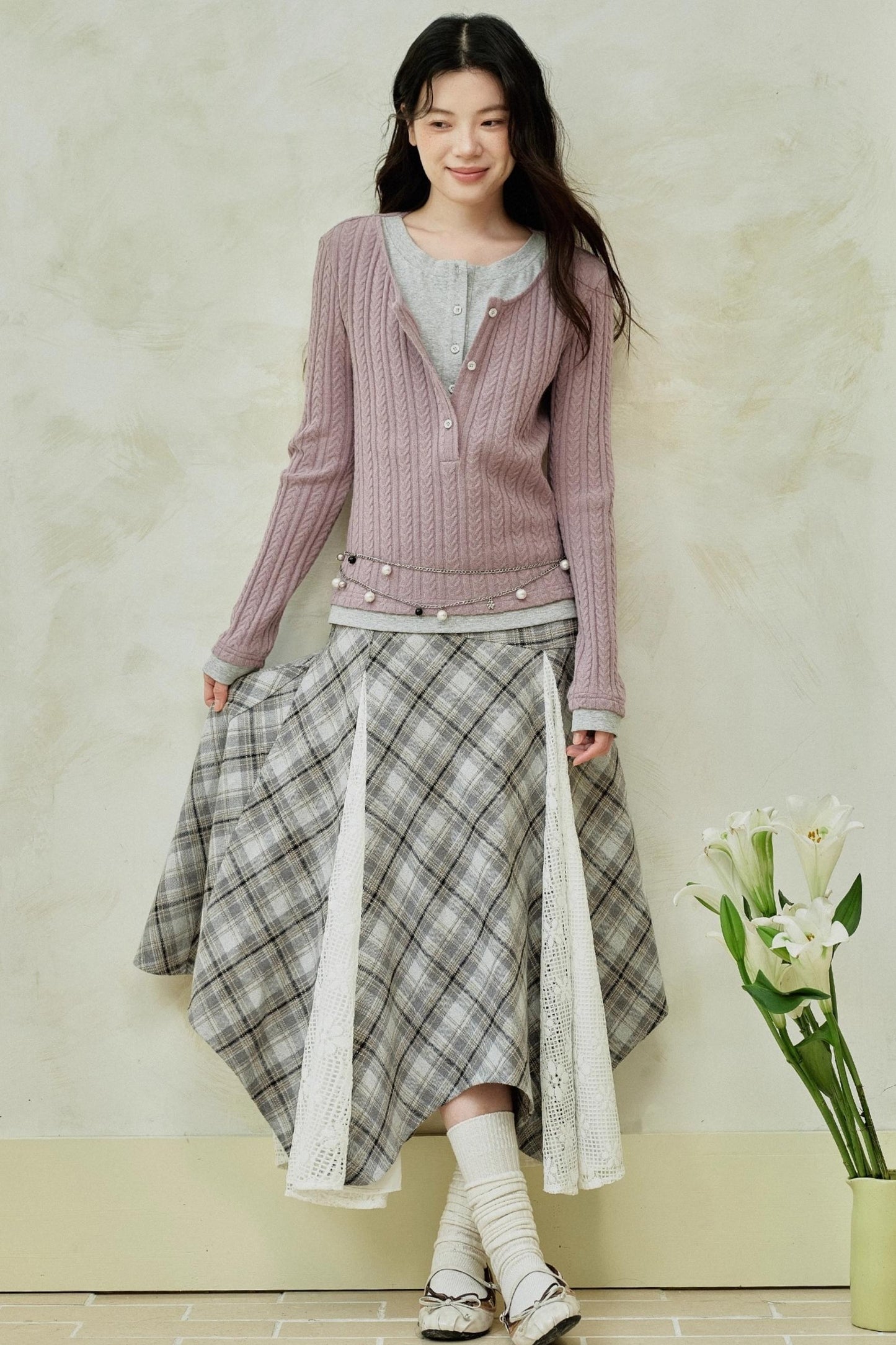 Yellow Purple Knitted Long-Sleeved Tops