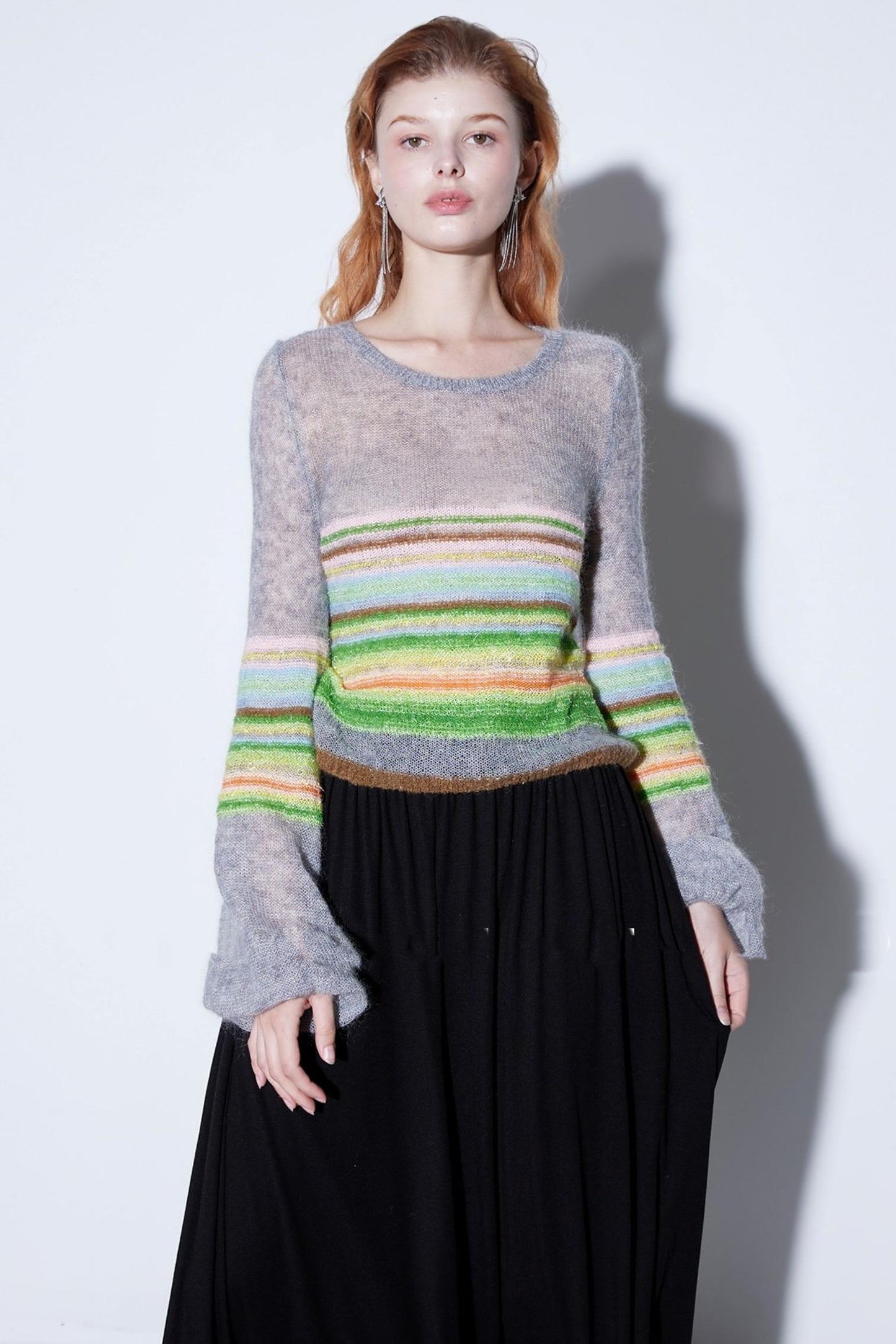 Mohair Silky Wool Rainbow Lantern Sleeve Sweater