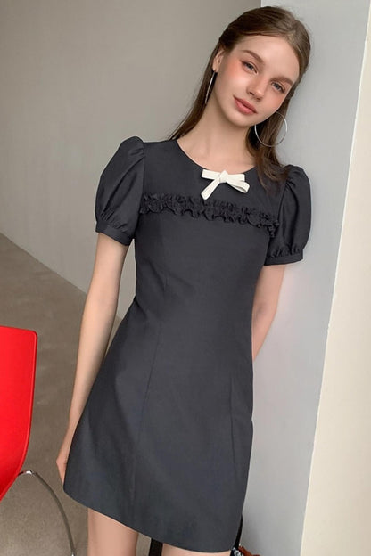 Detachable Bow Bubble Short Sleeve Dress