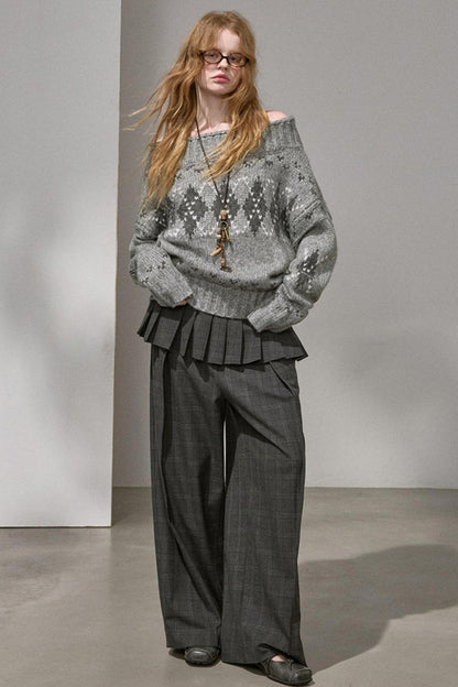 Thick Knit Argyle Off-Shoulder Top