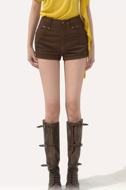 High-Waisted Metal Buckle Shorts