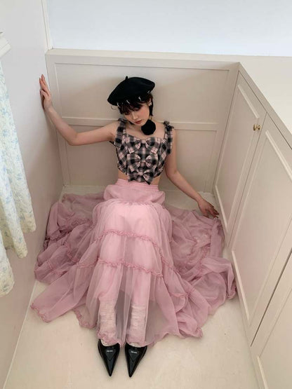 Cherry Blossoms Splice Mesh Volume Tiered Skirt