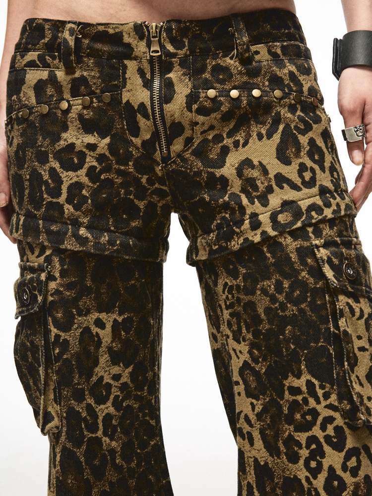 2-way Leopard Pattern Low Rise Studs Flare Jeans