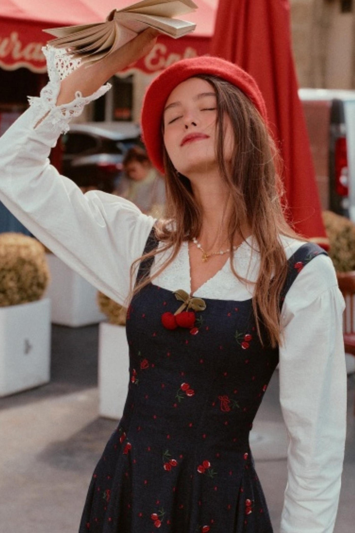 Cherry Lace Embroidered Denim Dress Set-Up