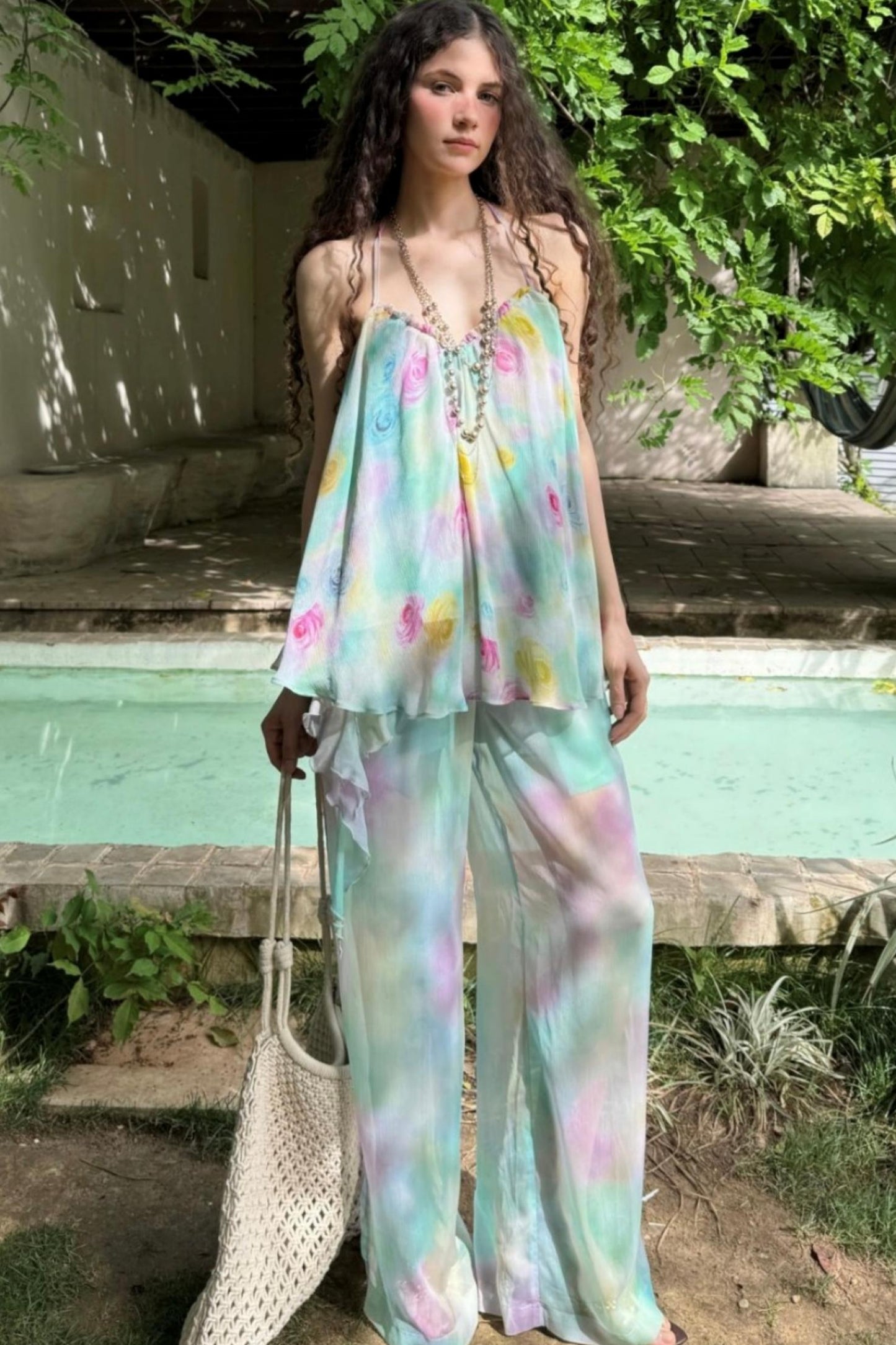 Rose Silk Chiffon Skirt Set-Up