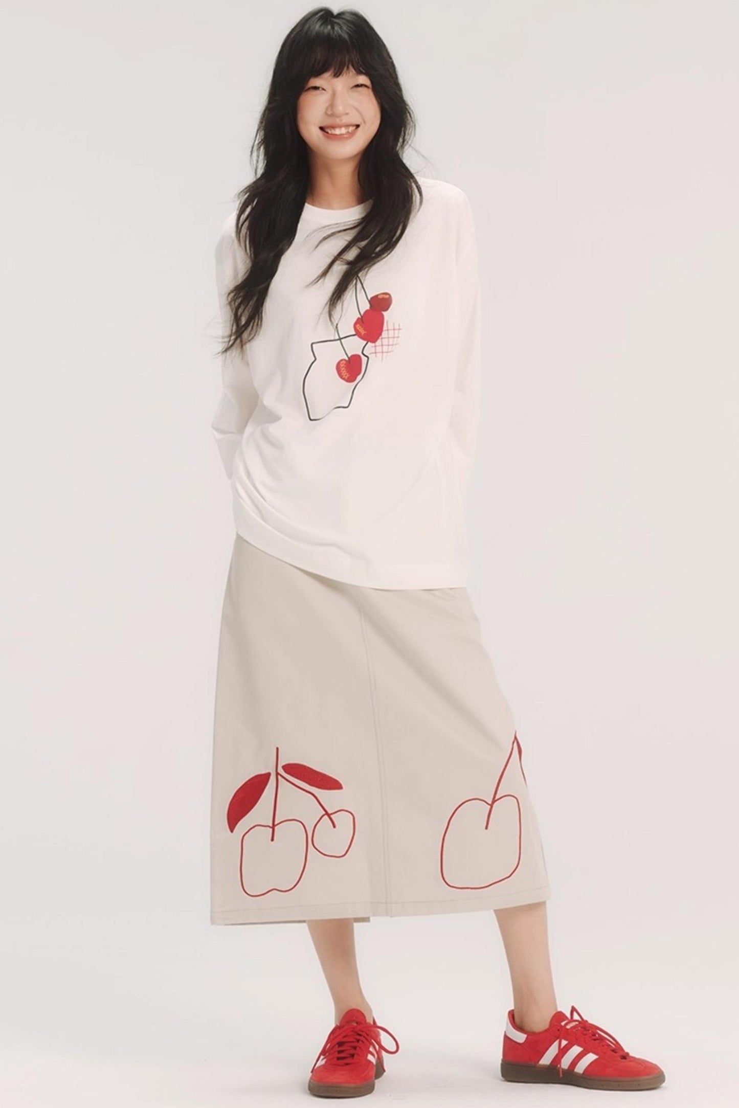 Red Cherry Embroidered Midi Skirt