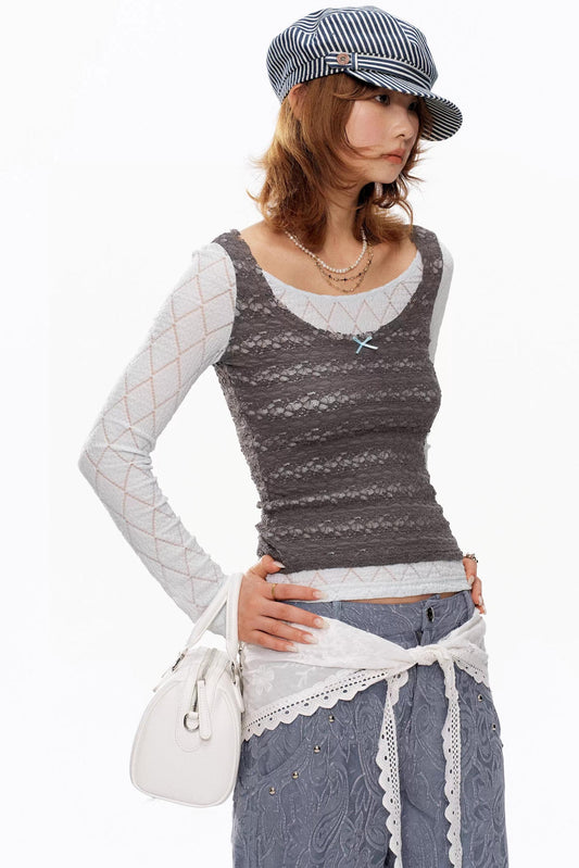 Blue-Gray Lace Knit Top