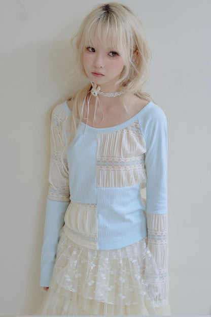 Beige Lace Blue Knit Crew Neck Long Sleeve Top