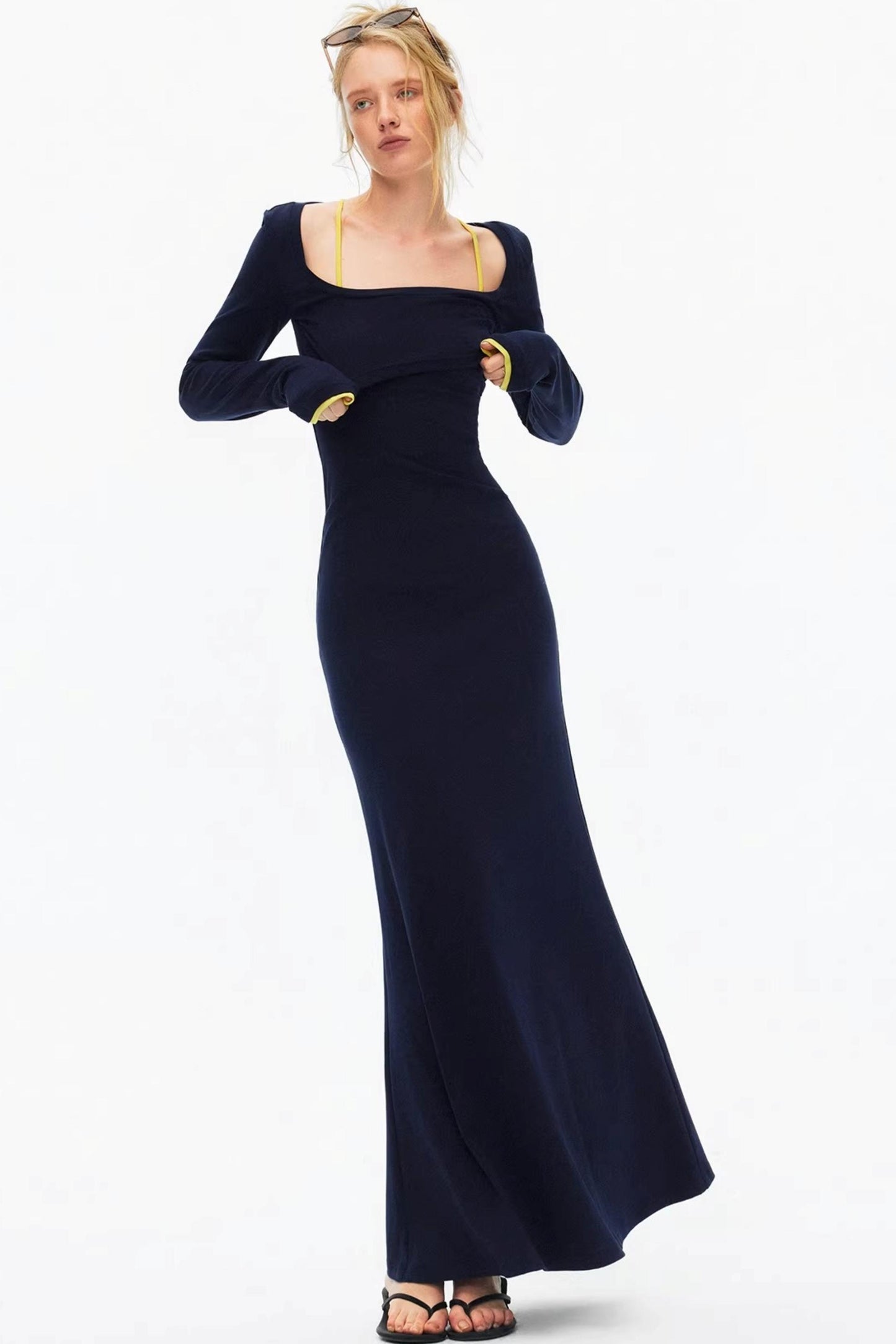 Chic navy blue racerback maxi dress with lime green strap details