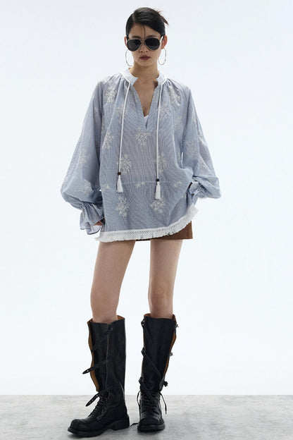 Tassel Stripe Embroidery Top
