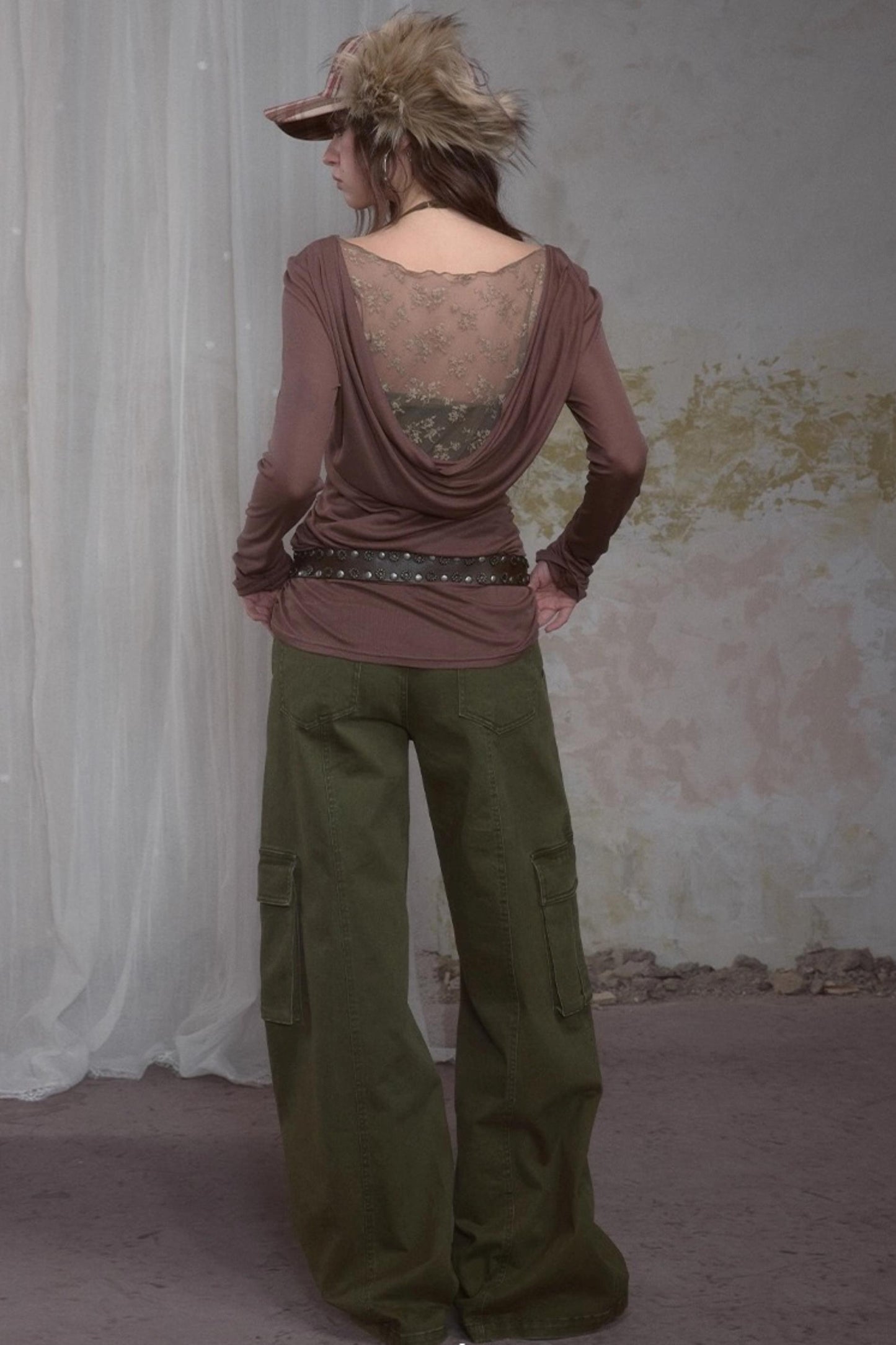 Spliced Long Sleeve Swing Collar T-Shirt