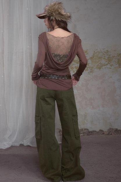 Spliced Long Sleeve Swing Collar T-Shirt