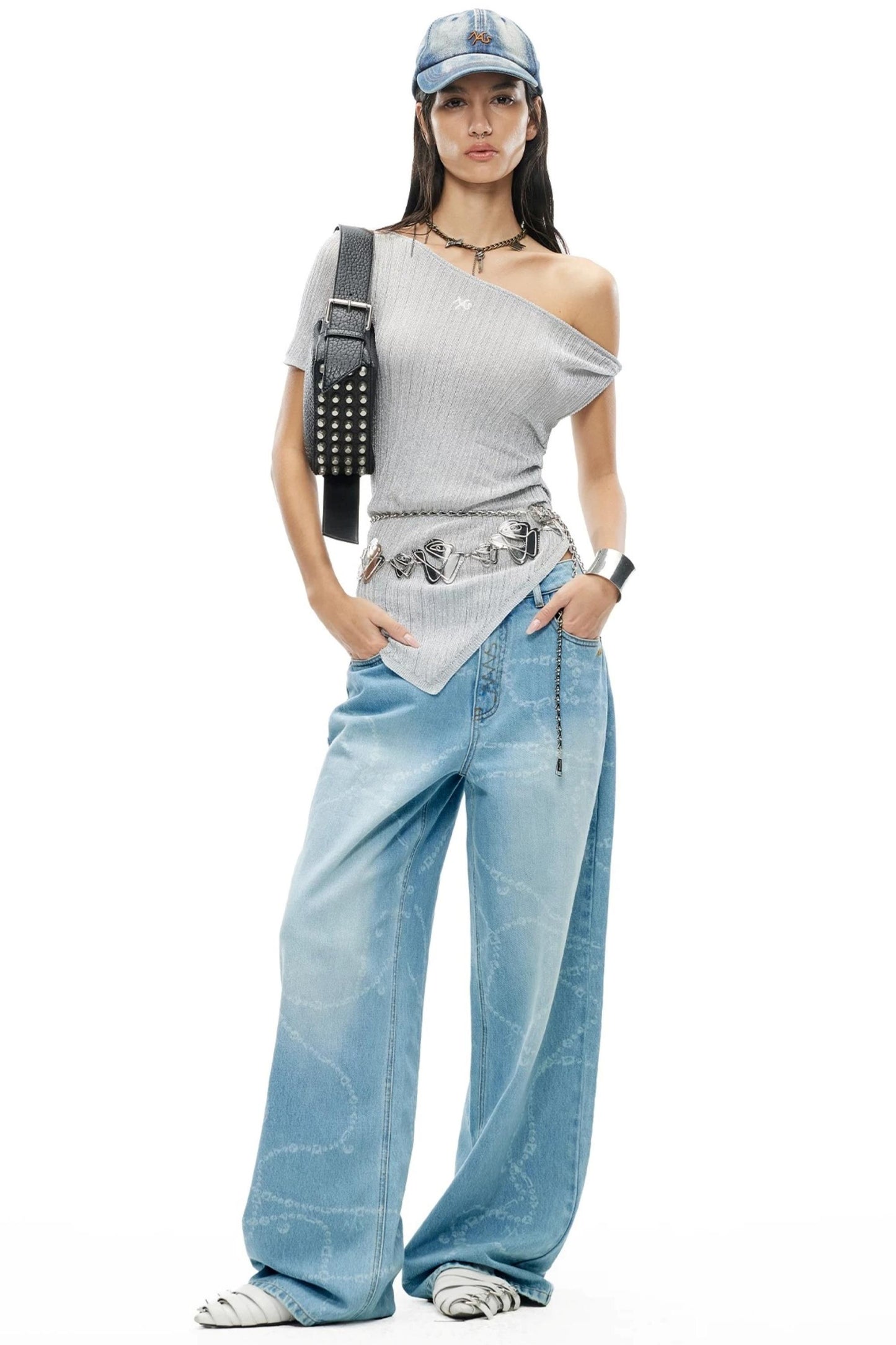 Washed Laser Print Denim Pants