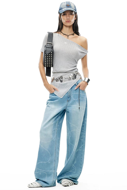Washed Laser Print Denim Pants