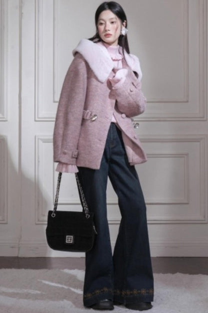 Cream Pink Quilted Woolen Coat