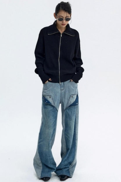 Slim Fit High-Neck Knit Cardigan