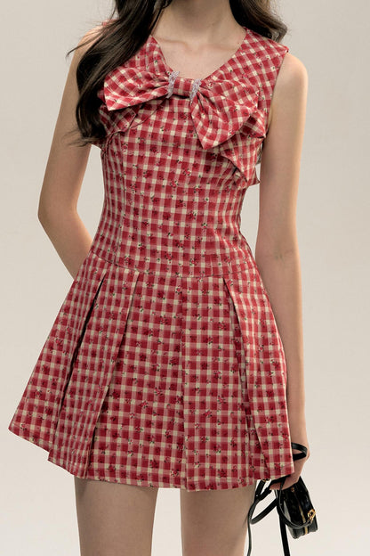 Red Check Floral Bow Vest Dress