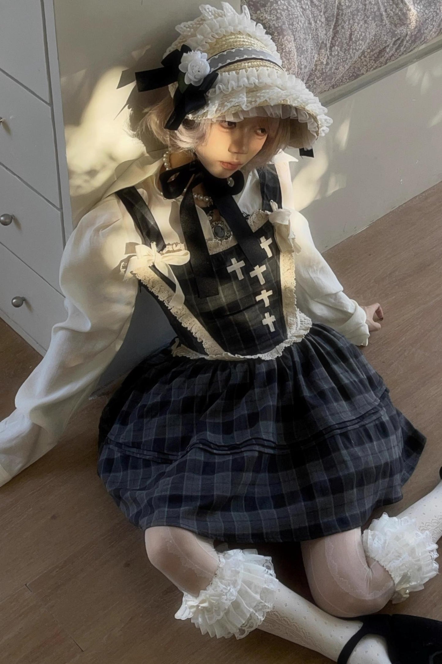 Gray Plaid Waist Cinched Herringbone Lace Bow Tie Dress Set-Up