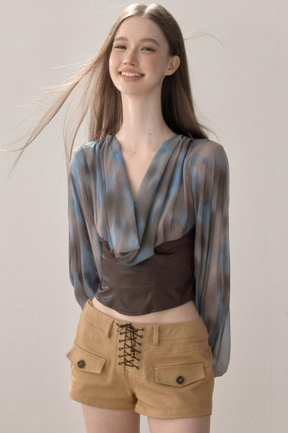 Waist-Cinching Printed Chiffon Shirt