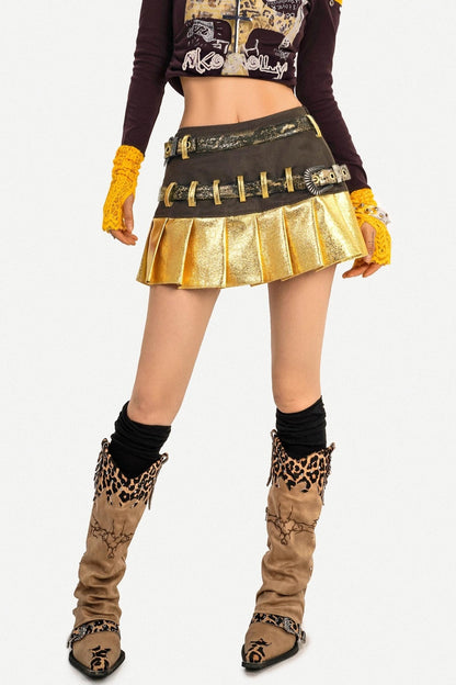 Gold Patchwork Pleated Skirt