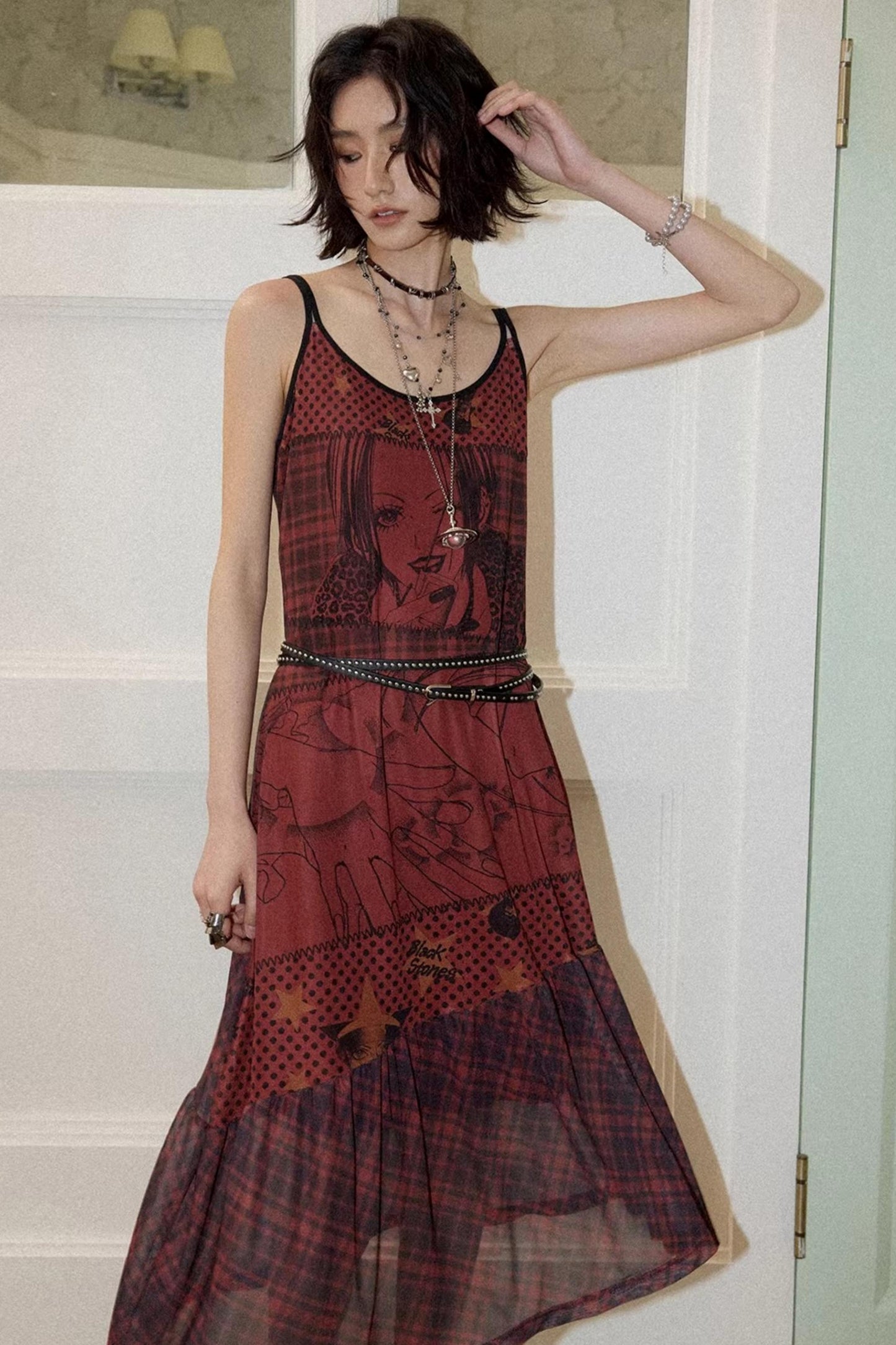 Red Printed Strap Dress