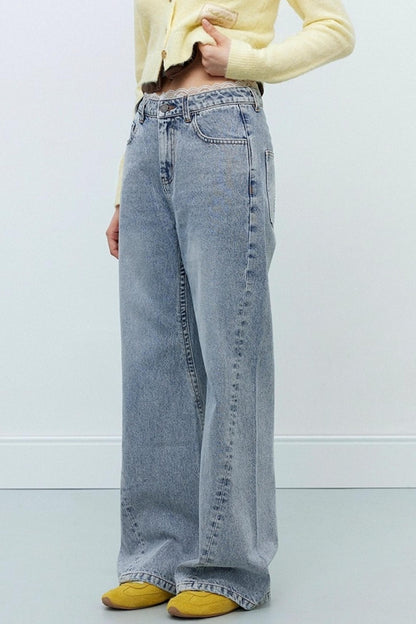 Distressed Lace Waist Loose Jeans