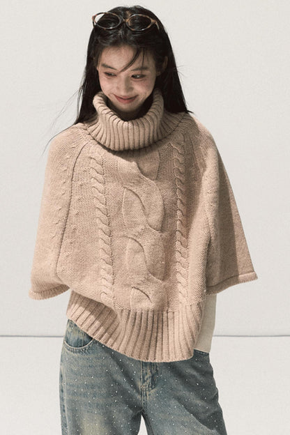 Moon Wool Twist Knit Cape Sweater Set-Up