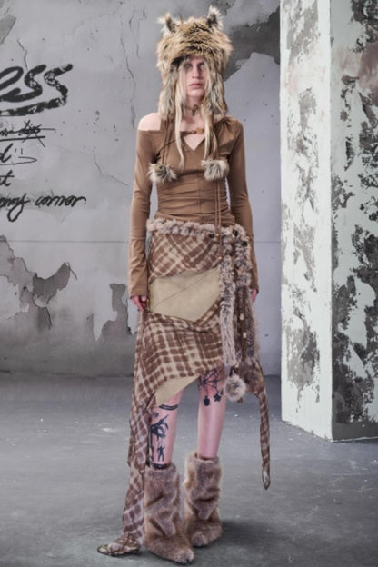 Chiffon Panel Ruffled Irregular Leather Skirt