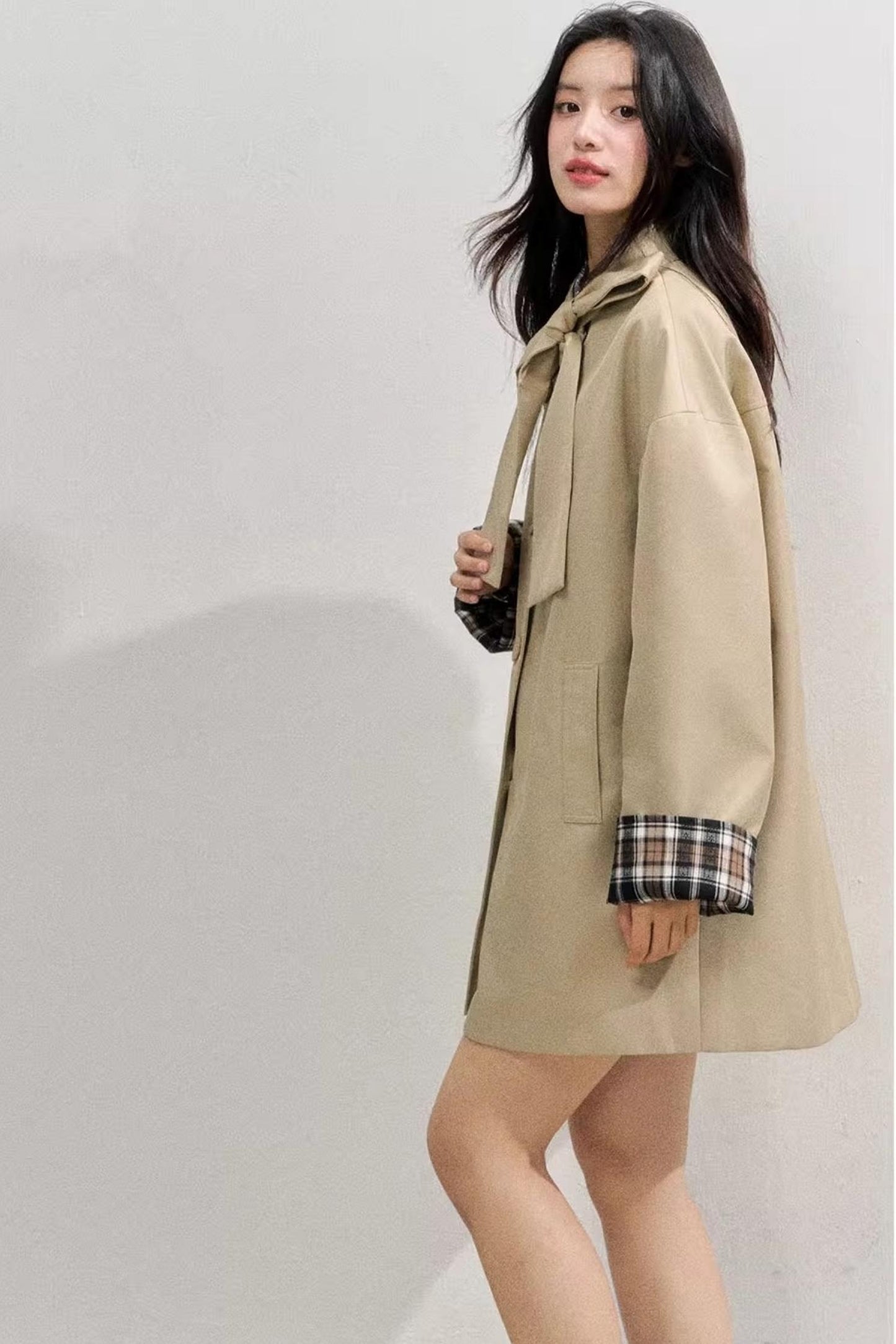 Vintage Bow Plaid Trench Coat
