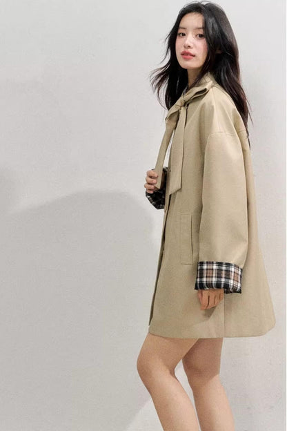 Vintage Bow Plaid Trench Coat