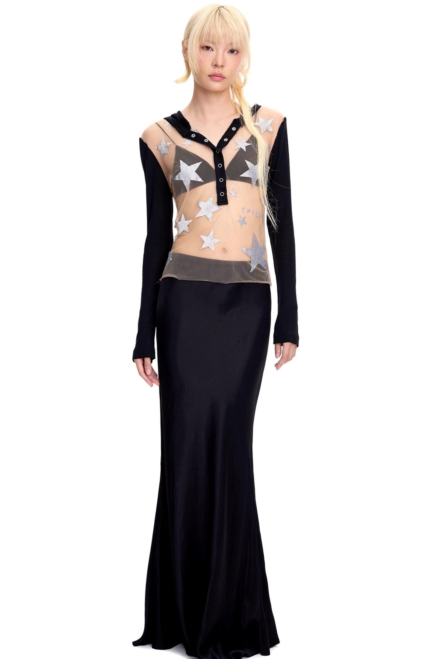 Pentagram Glitter Print Long-Sleeved Top