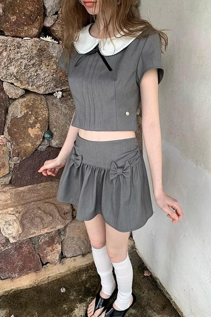Gray Bowknot Halter Skirt Set-Up