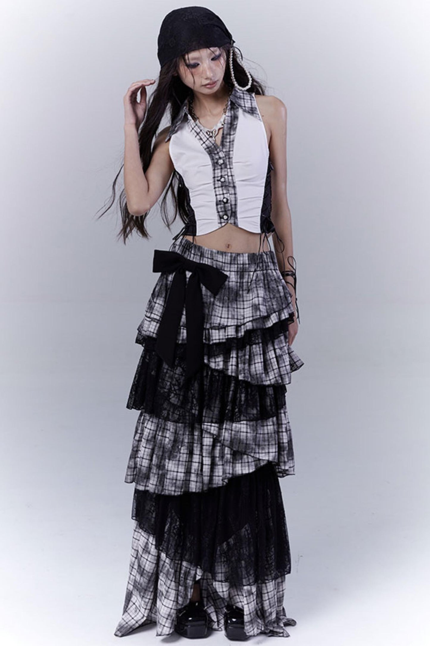 Wilderness Lace-Trimmed Plaid Bustier Skirt