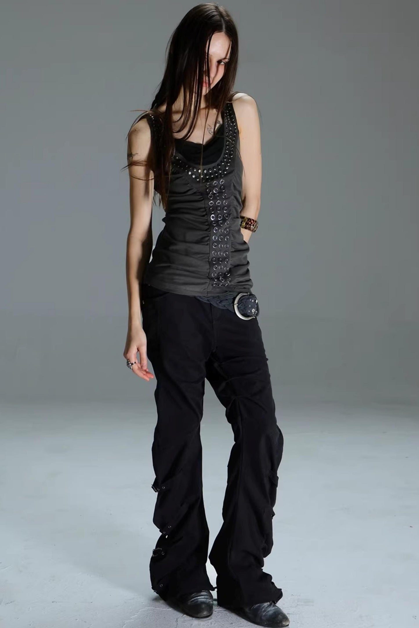 Metal Rivet Pleated Racerback Top