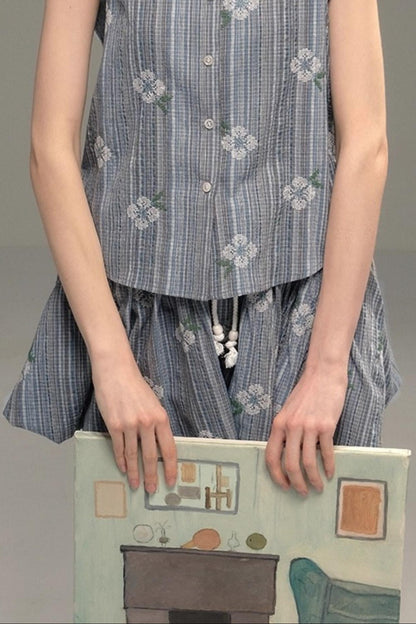 Flower Stitch Vest Skirt Set-Up