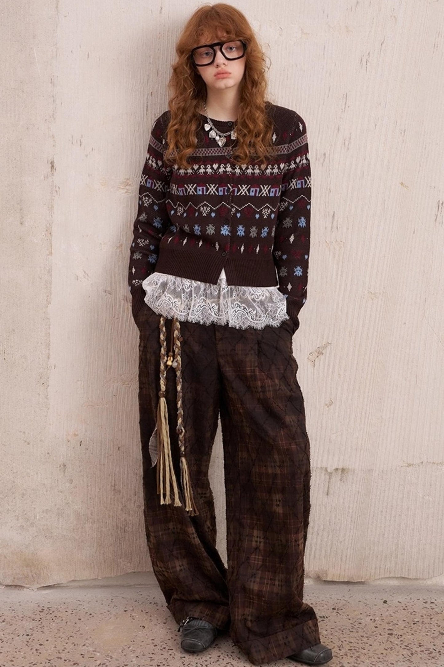 Textured Loose Plaid Trousers
