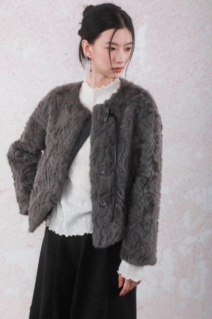 Elegant Gray-Brown Plush Jacket