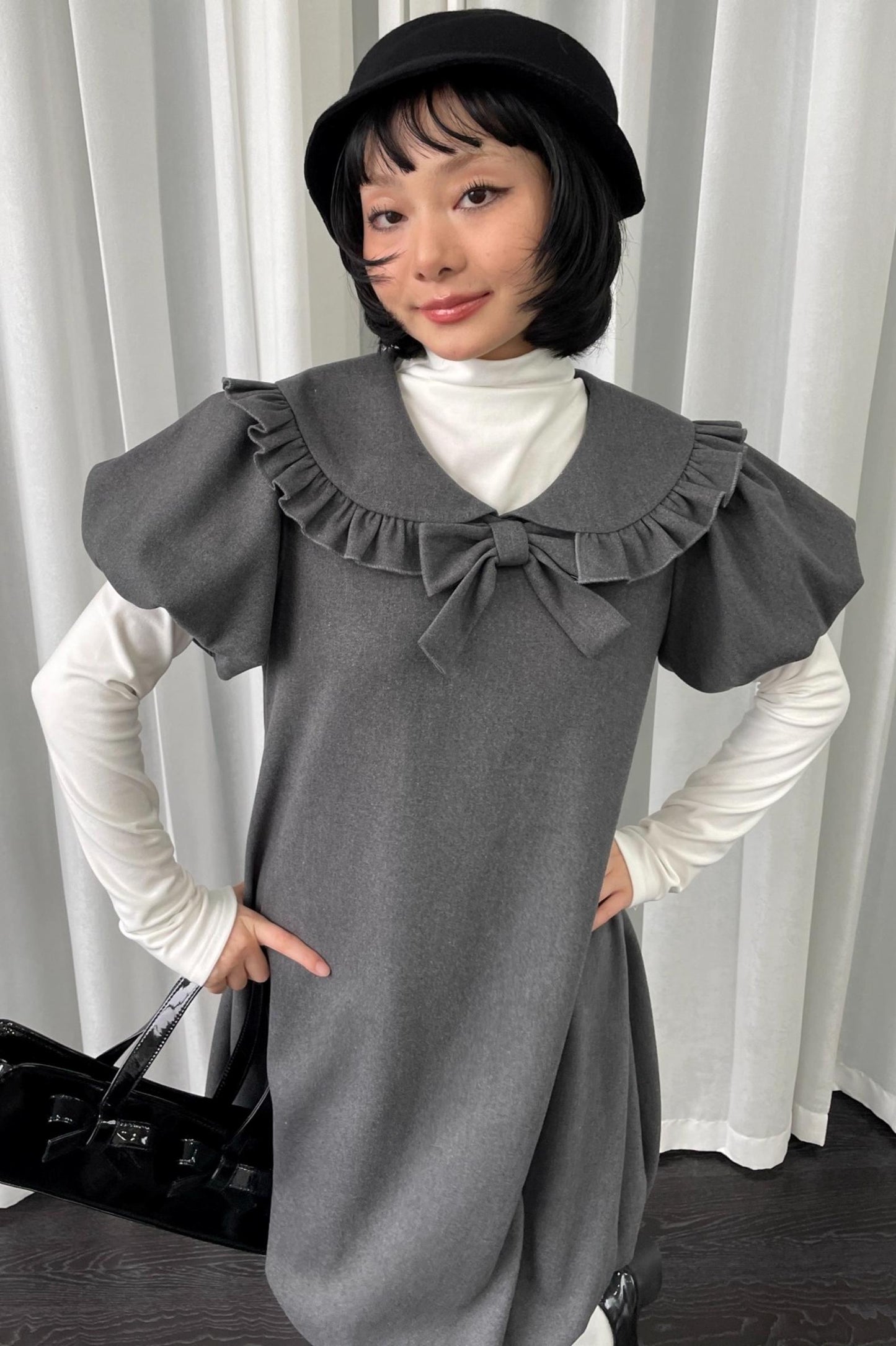 Gray Tweed Bow Lace Puff Sleeve Dress